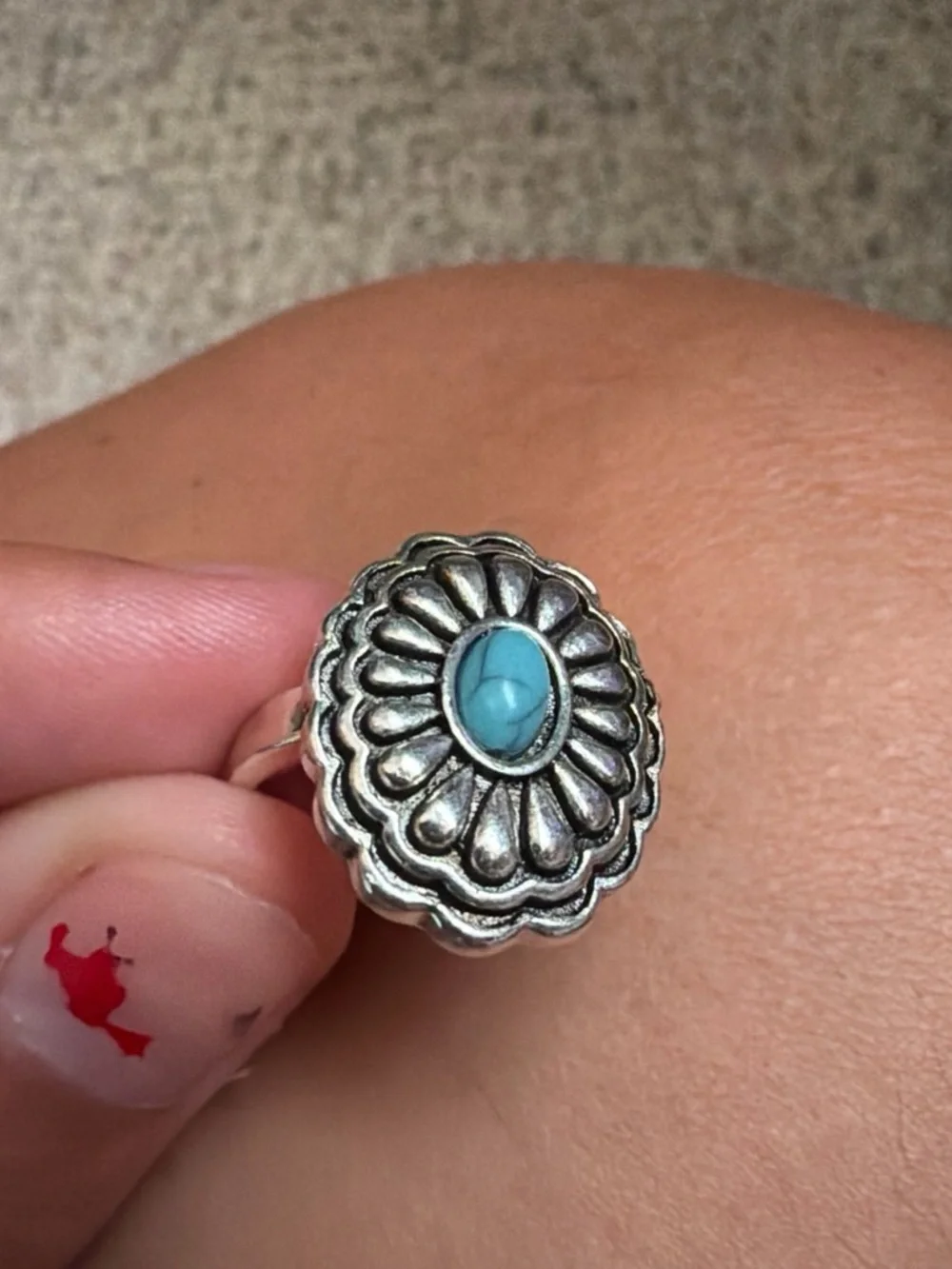 Turquoise Center Silver Floral Ring - Women Jewelry